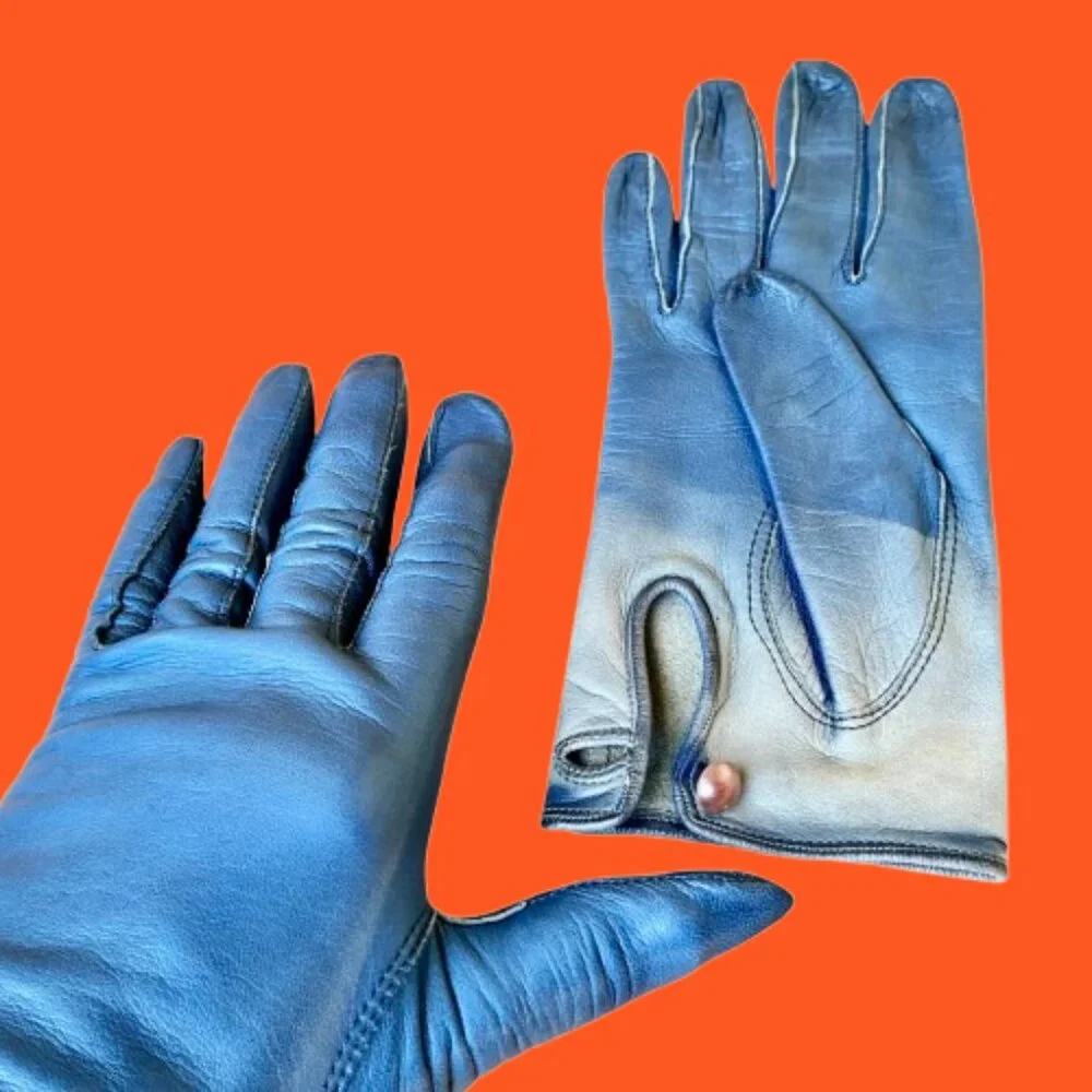 Vintage 70's Blue Leather Gloves Button Womens 7 DAMAGED